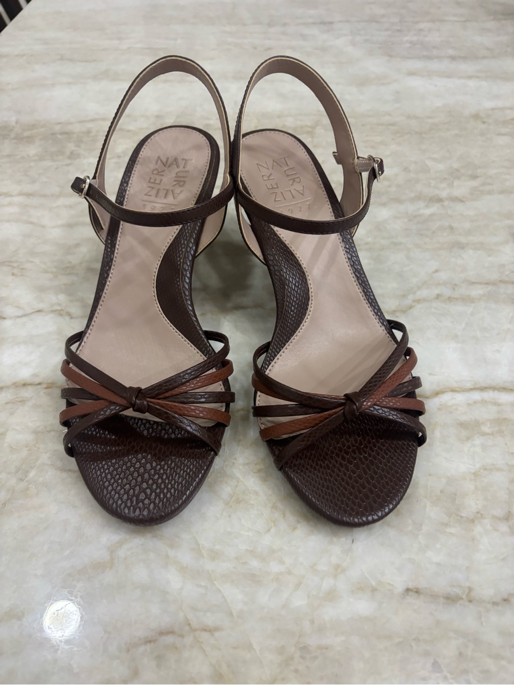 Naturalizer Brown and Tan Knot-Front Slingback Heels 8.5 Wide